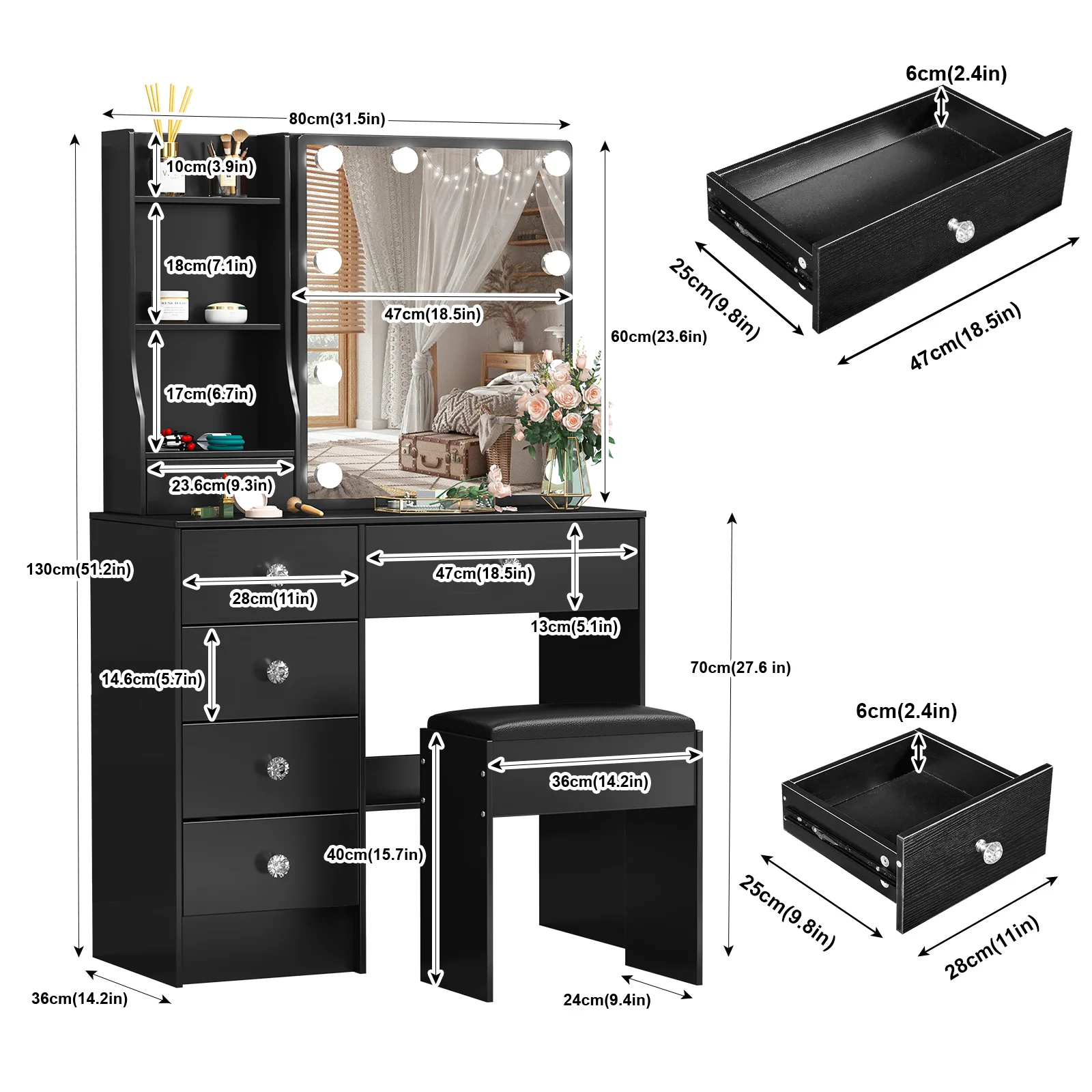 Teousev Black Vanity Set, 3 Color Dimmable LED Sliding Mirror, 6 Drawers & Stool, Easy Assembly Bedroom Makeup Dressing Table