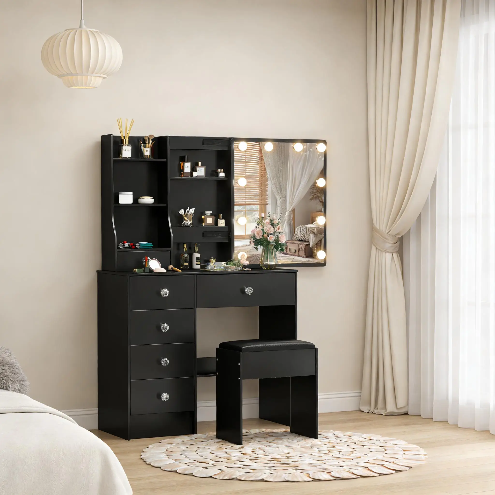 Teousev Black Vanity Set, 3 Color Dimmable LED Sliding Mirror, 6 Drawers & Stool, Easy Assembly Bedroom Makeup Dressing Table