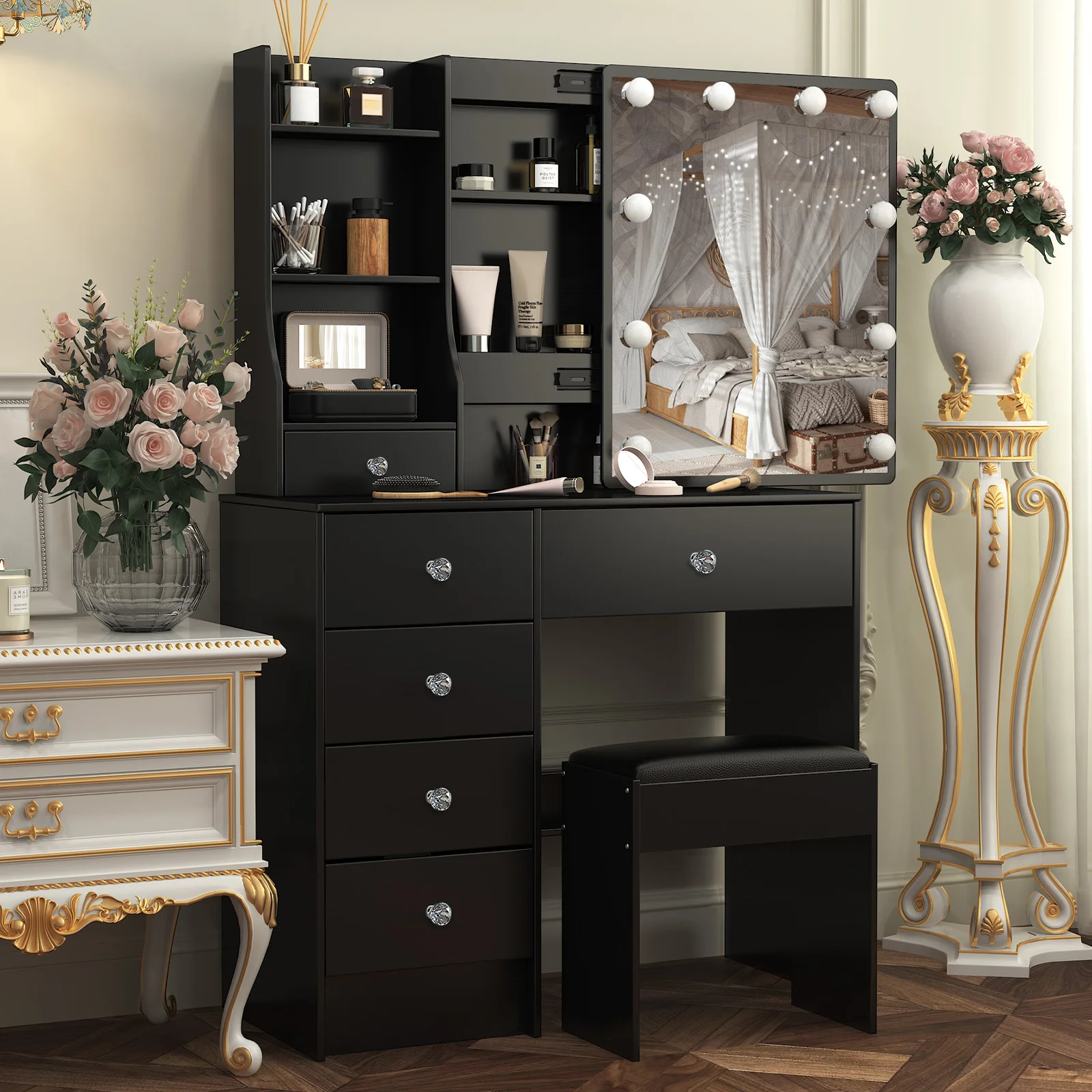 Teousev Black Vanity Set, 3 Color Dimmable LED Sliding Mirror, 6 Drawers & Stool, Easy Assembly Bedroom Makeup Dressing Table