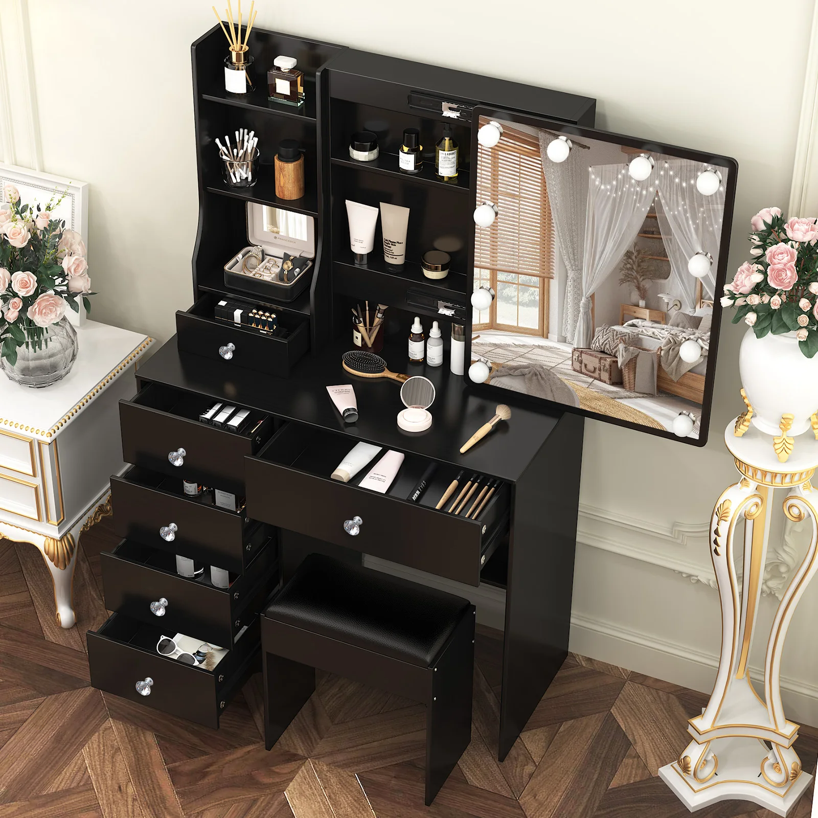 Teousev Black Vanity Set, 3 Color Dimmable LED Sliding Mirror, 6 Drawers & Stool, Easy Assembly Bedroom Makeup Dressing Table
