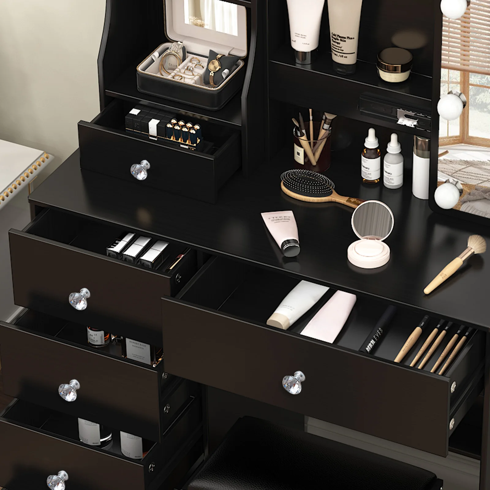 Teousev Black Vanity Set, 3 Color Dimmable LED Sliding Mirror, 6 Drawers & Stool, Easy Assembly Bedroom Makeup Dressing Table