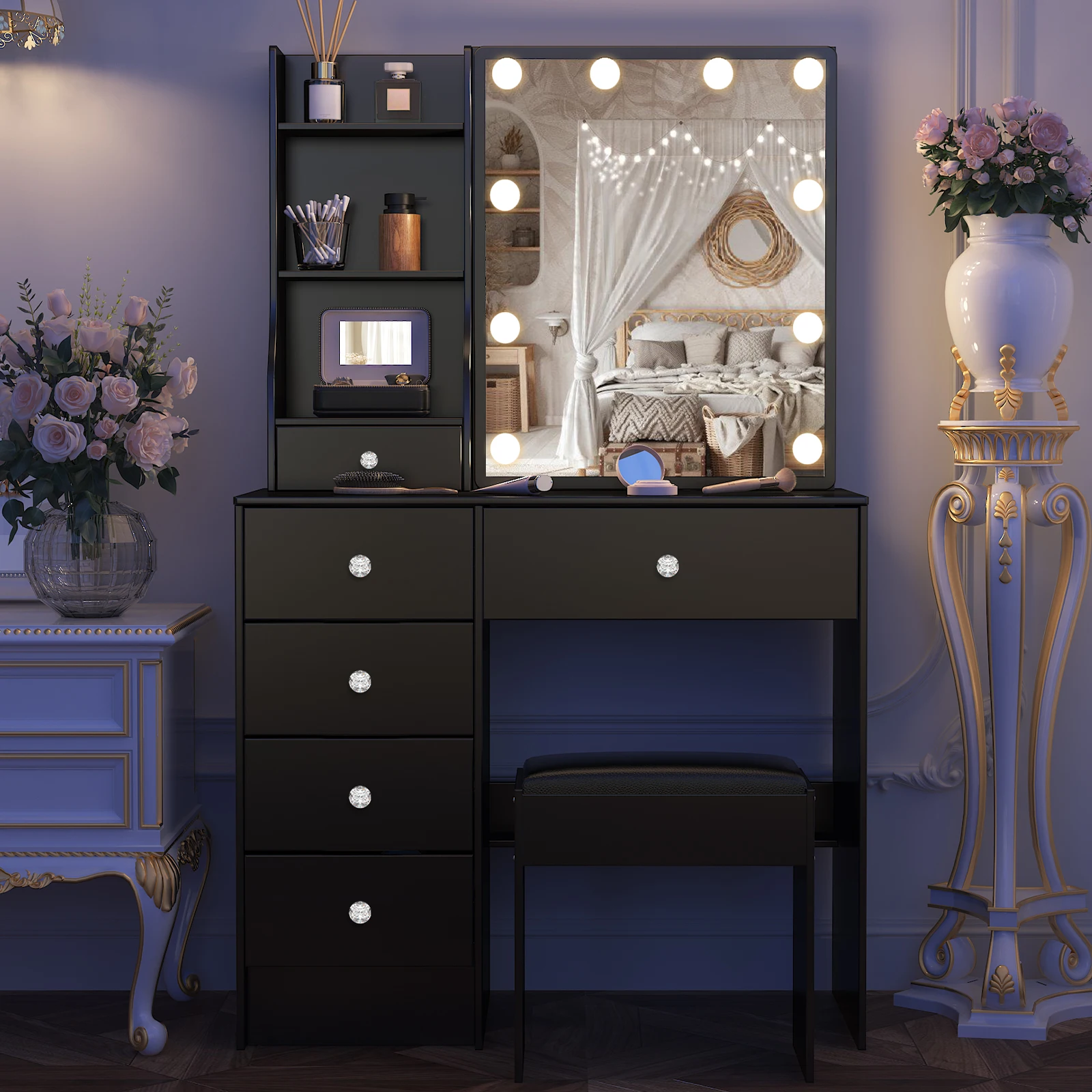 Teousev Black Vanity Set, 3 Color Dimmable LED Sliding Mirror, 6 Drawers & Stool, Easy Assembly Bedroom Makeup Dressing Table
