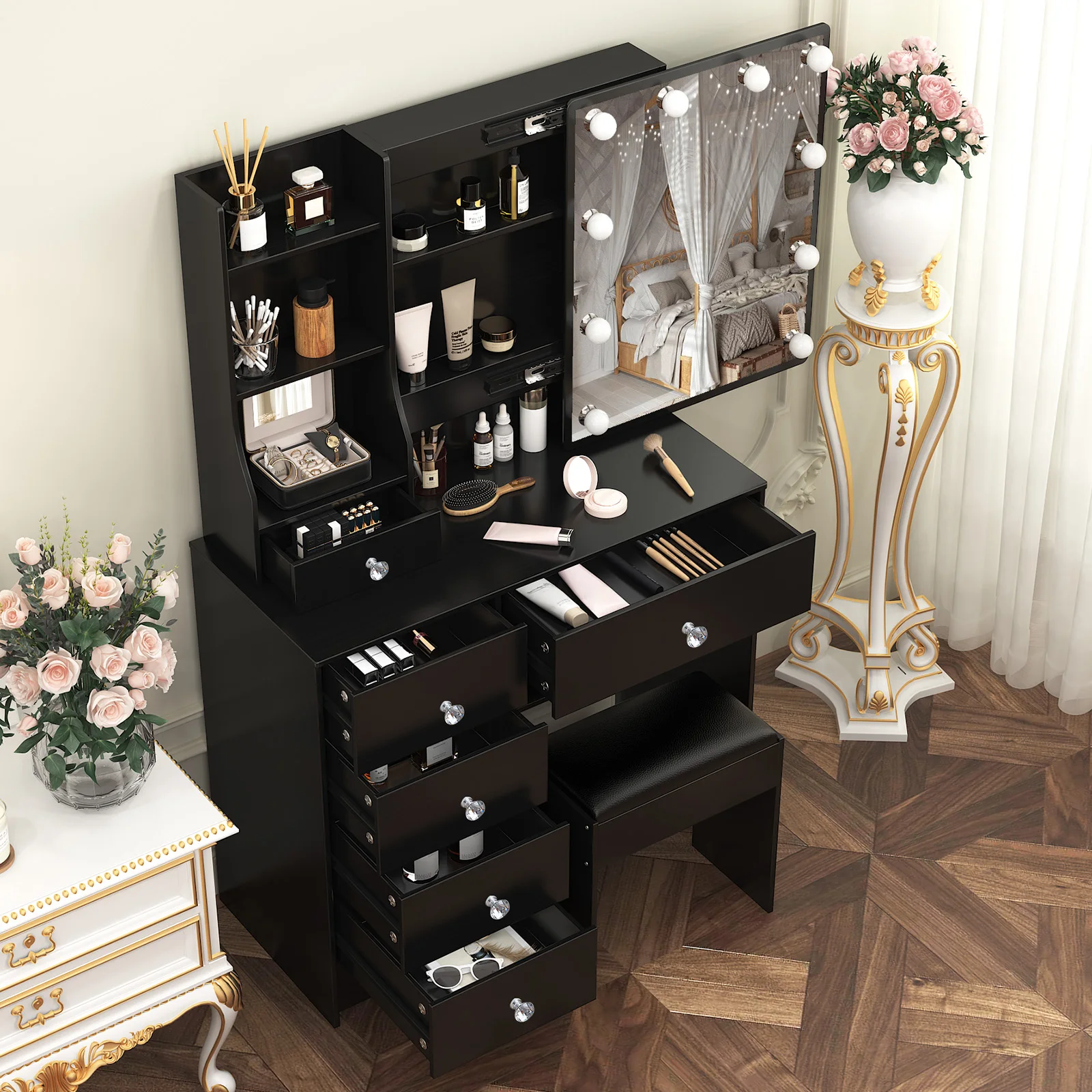 Teousev Black Vanity Set, 3 Color Dimmable LED Sliding Mirror, 6 Drawers & Stool, Easy Assembly Bedroom Makeup Dressing Table