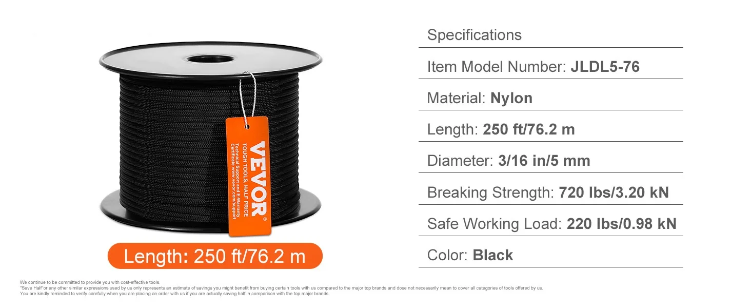 SucceBuy 3/16 in 250/1000 ft Nylon Cord 32-Strand Design Multi-Purpose Rope for Outdoor Adventures Tree Work Emergency Situation