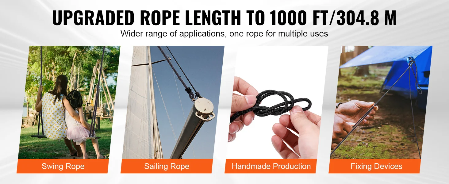 SucceBuy 3/16 in 250/1000 ft Nylon Cord 32-Strand Design Multi-Purpose Rope for Outdoor Adventures Tree Work Emergency Situation
