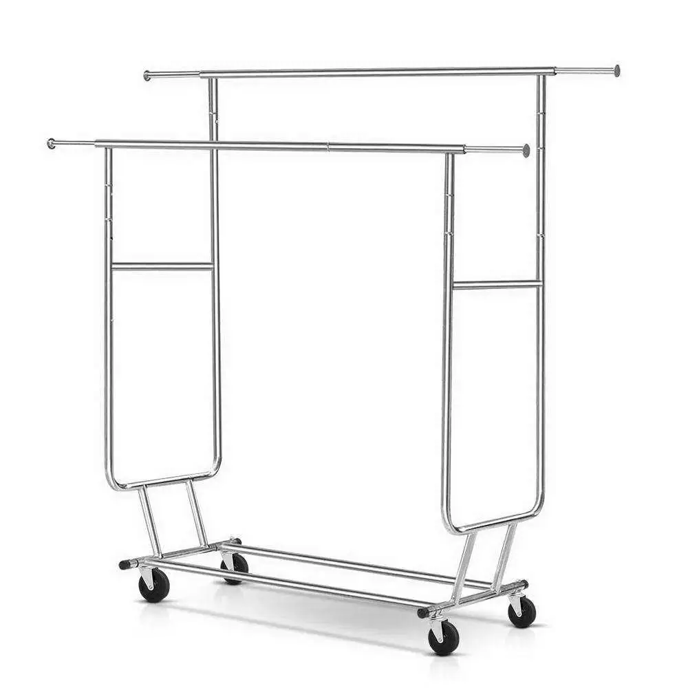 Double Rail Adjustable Clothes Rack with Wheels Heavy Duty Garment Stand Portable Coat Hanger Organizer