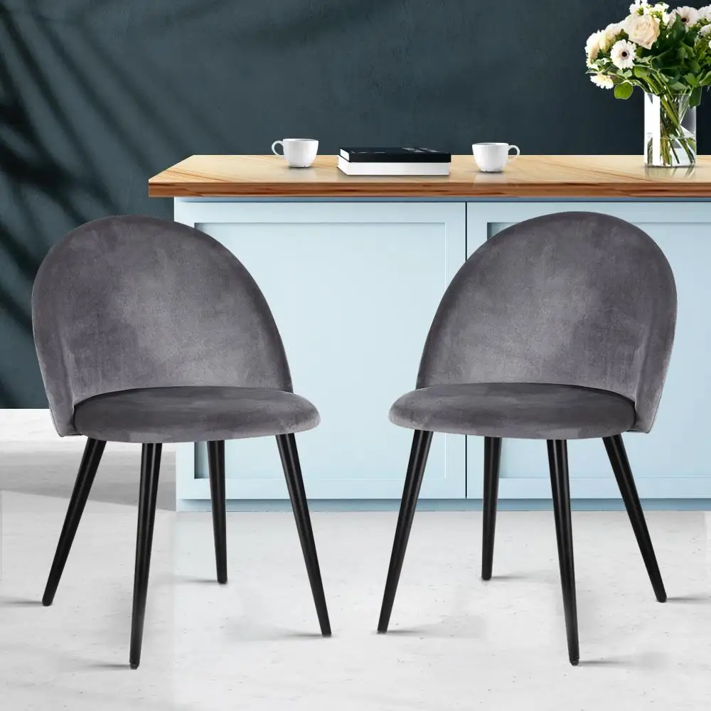 Set of 2 Dark Grey Velvet Dining Chairs Curved Back Upholstered Kitchen Living Room Accent Seating