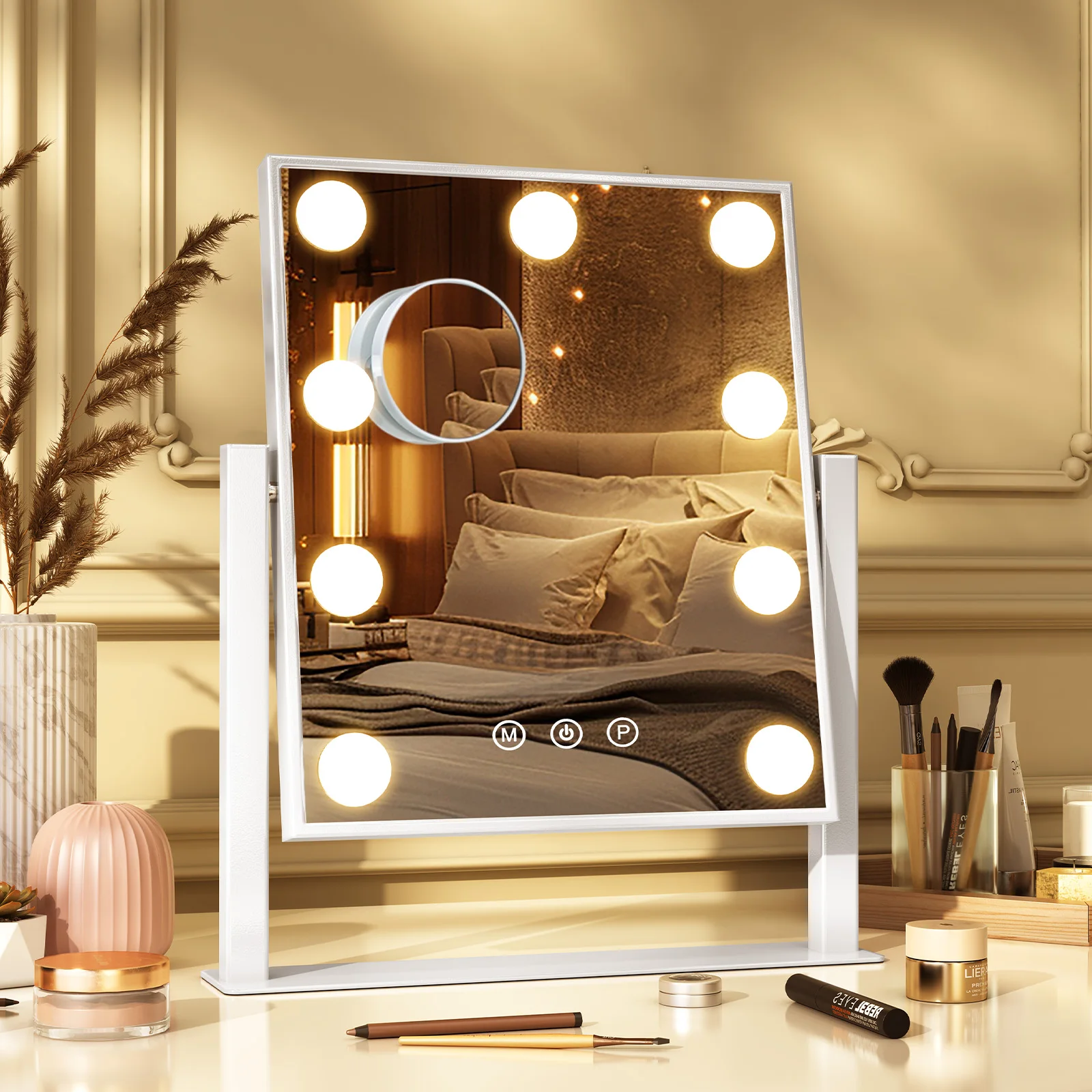 Teousev Hollywood Vanity Mirror with LED Bulbs, Dimmable 3 Light Modes, 360° Rotation & 10x Magnifying, Makeup Mirror