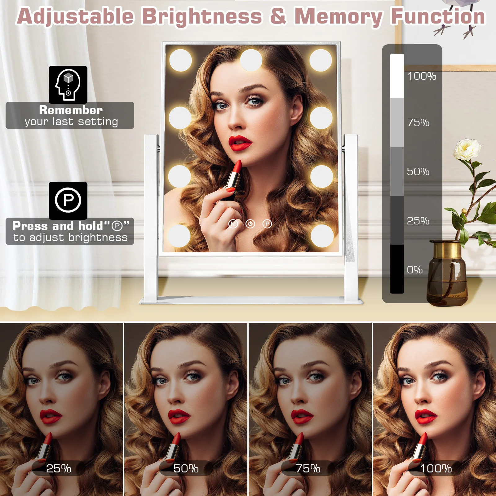 Teousev Hollywood Vanity Mirror with LED Bulbs, Dimmable 3 Light Modes, 360° Rotation & 10x Magnifying, Makeup Mirror