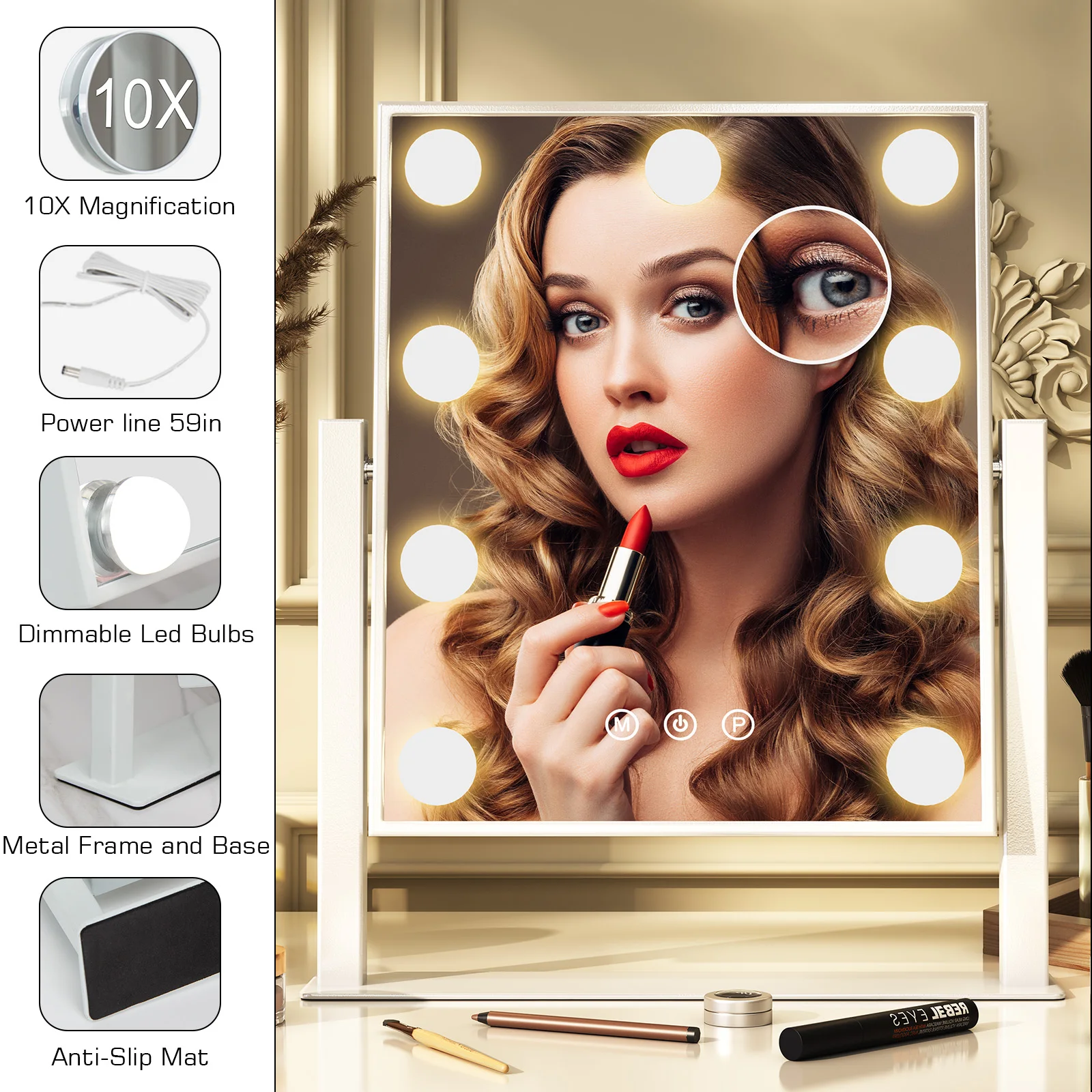 Teousev Hollywood Vanity Mirror with LED Bulbs, Dimmable 3 Light Modes, 360° Rotation & 10x Magnifying, Makeup Mirror