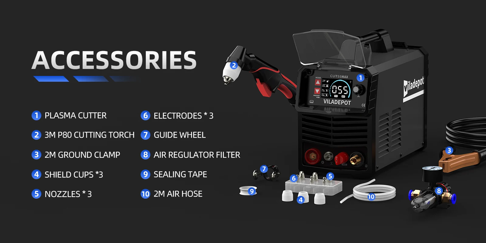 Viladepot Plasma Cutter CUT55 MAX 55A Non-contact Cutting Pilot Arc Plasma Cutting Machine 2T/4T 15mm DIY & Professional 220V