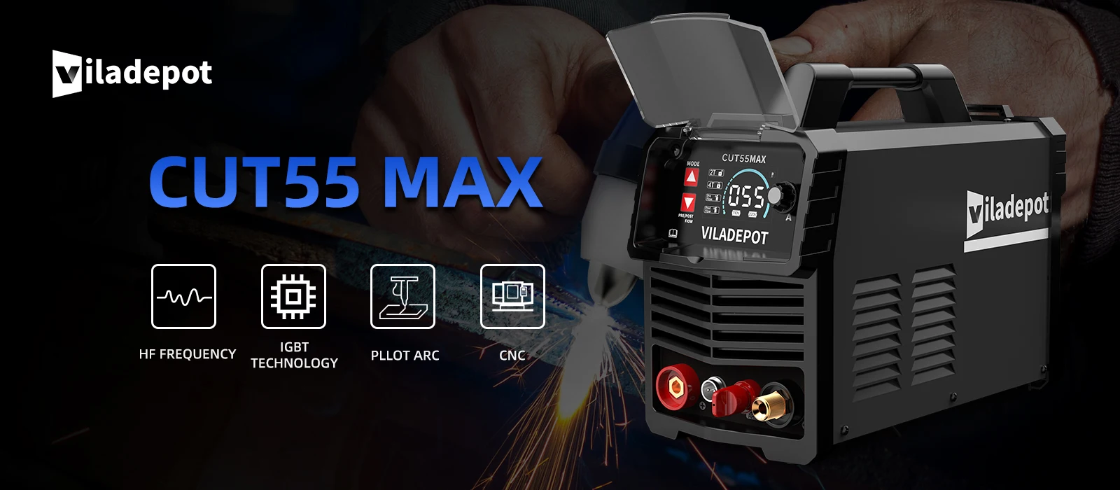 Viladepot Plasma Cutter CUT55 MAX 55A Non-contact Cutting Pilot Arc Plasma Cutting Machine 2T/4T 15mm DIY & Professional 220V