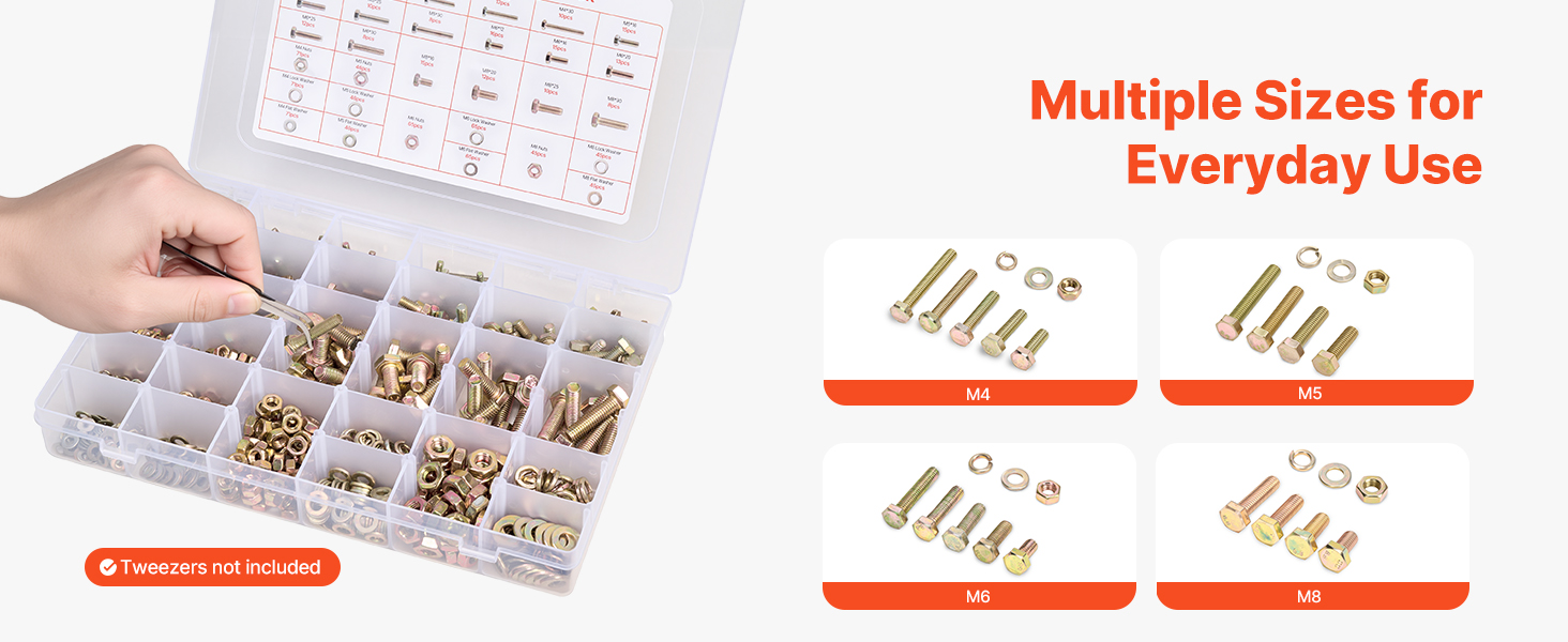 SucceBuy 906 Pcs Bolts and Nuts Assortment Kit Metric Machine Screws and Flat Washers Alloy Steel M4 / M5 / M6/ M8 Multiple Size