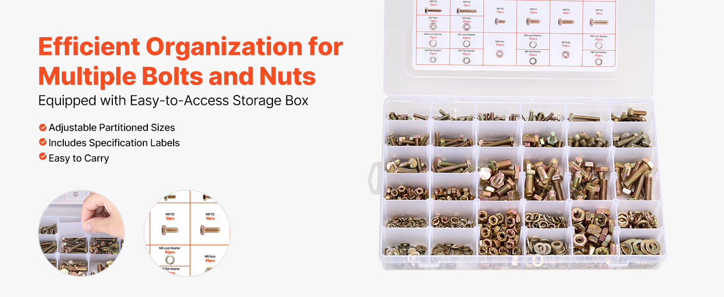 SucceBuy 906 Pcs Bolts and Nuts Assortment Kit Metric Machine Screws and Flat Washers Alloy Steel M4 / M5 / M6/ M8 Multiple Size