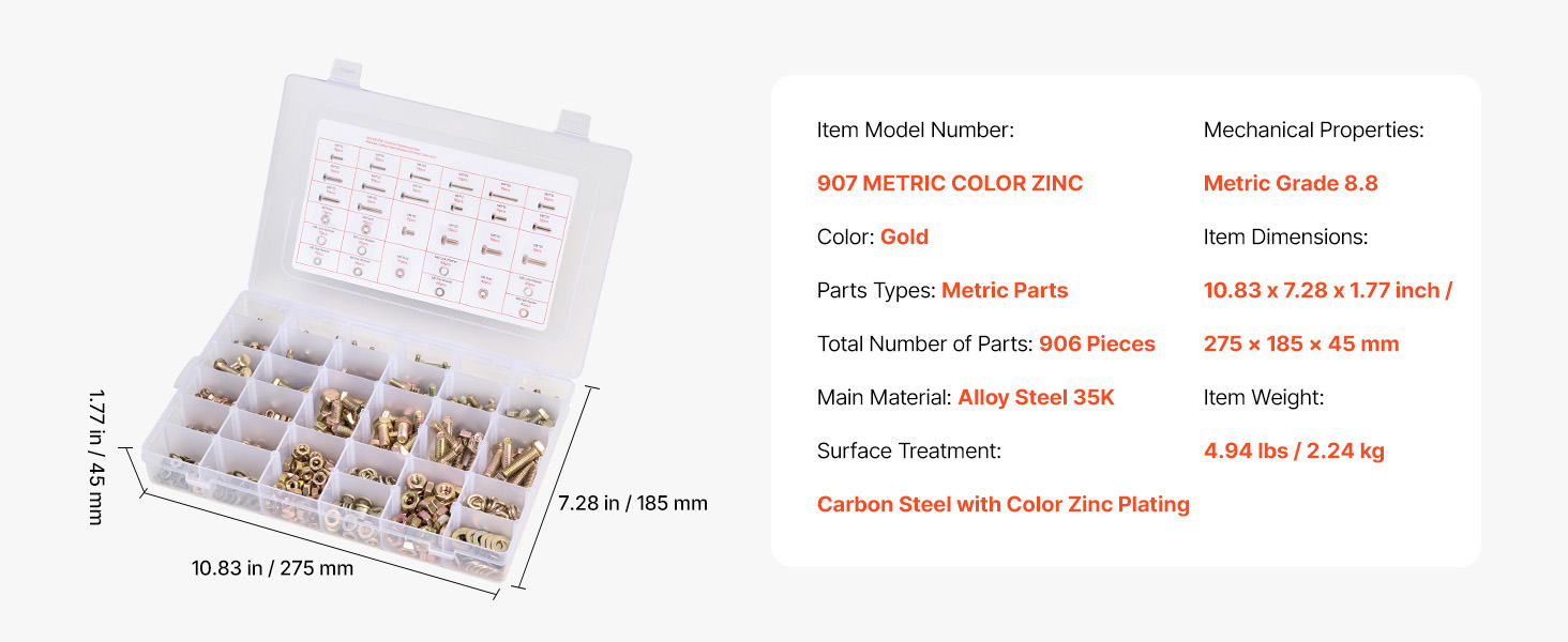 SucceBuy 906 Pcs Bolts and Nuts Assortment Kit Metric Machine Screws and Flat Washers Alloy Steel M4 / M5 / M6/ M8 Multiple Size