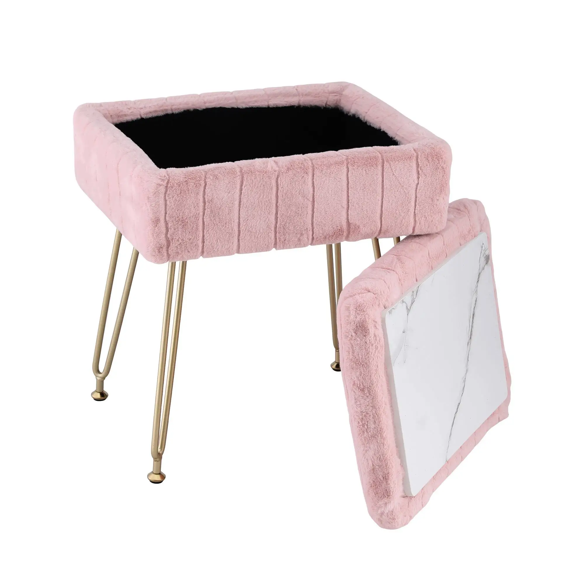 Pink Storage Ottoman Vanity Foot Stool Upholstered Round Small Accent Seat for Bedroom Living Room Shoe Bench End of Bed Space Saving Organizer