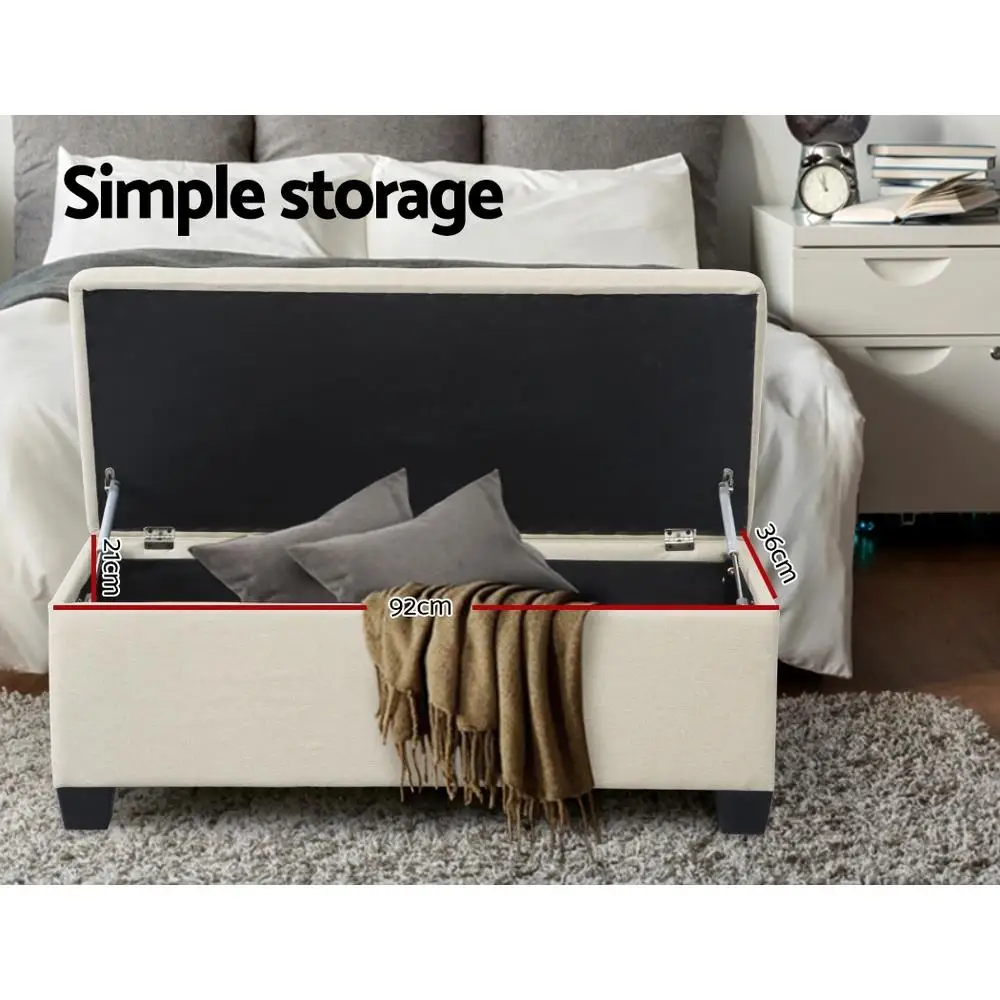 Storage Ottoman Blanket Box 97cm Linen Beige Upholstered Bedroom Bench Seat Chest Trunk Footstool with Lid Space Saving Organizer Storage Bench