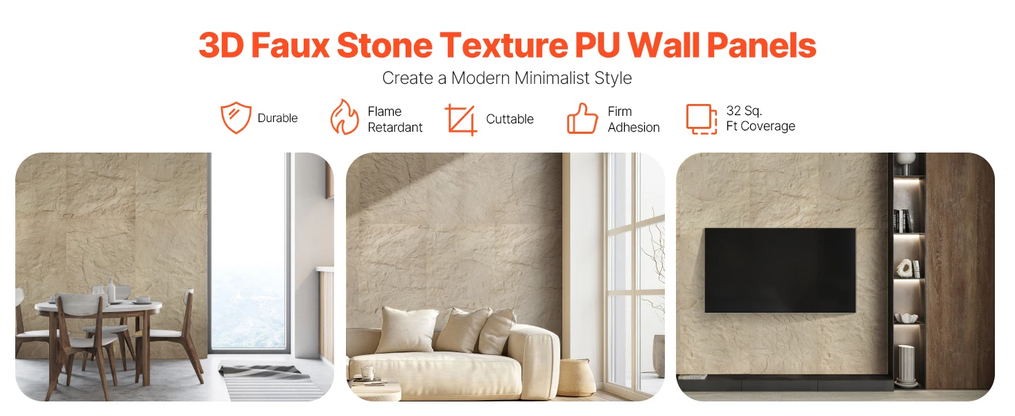 SucceBuy 3D Wall Panels 4 Pack 48 x 24 inch PU Natural Stone Imitation Wall Art Tiles Interior Home Decor for Ceiling Bedroom