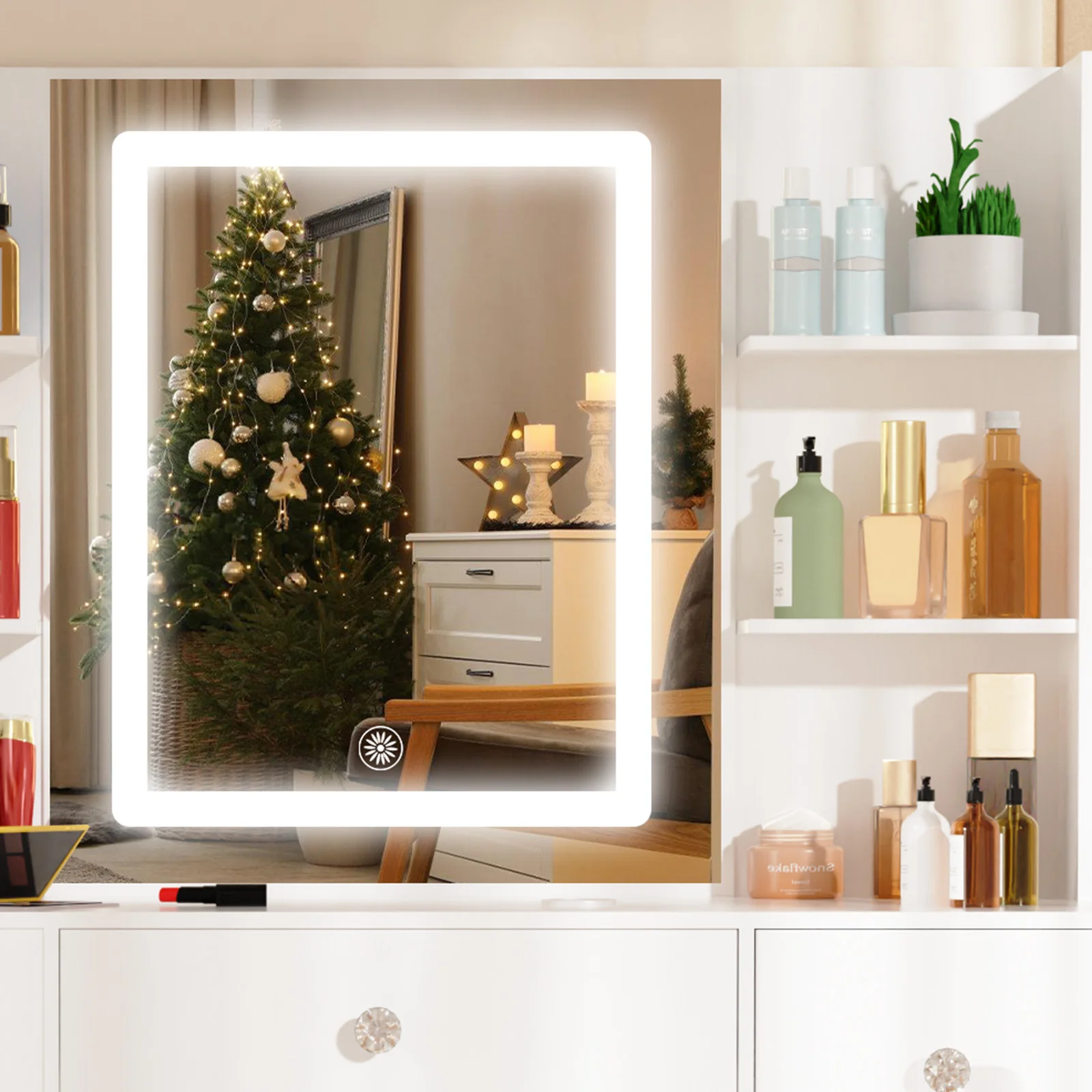 Vanity Desk Set with Smart LED Mirror & 6 Drawers - Dressing Table + Stool, Sturdy Wood Frame for Bedroom, Modern Functional Dre
