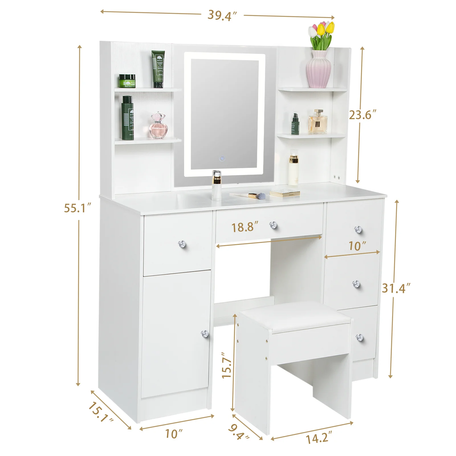 Vanity Desk Set with Smart LED Mirror & 6 Drawers - Dressing Table + Stool, Sturdy Wood Frame for Bedroom, Modern Functional Dre