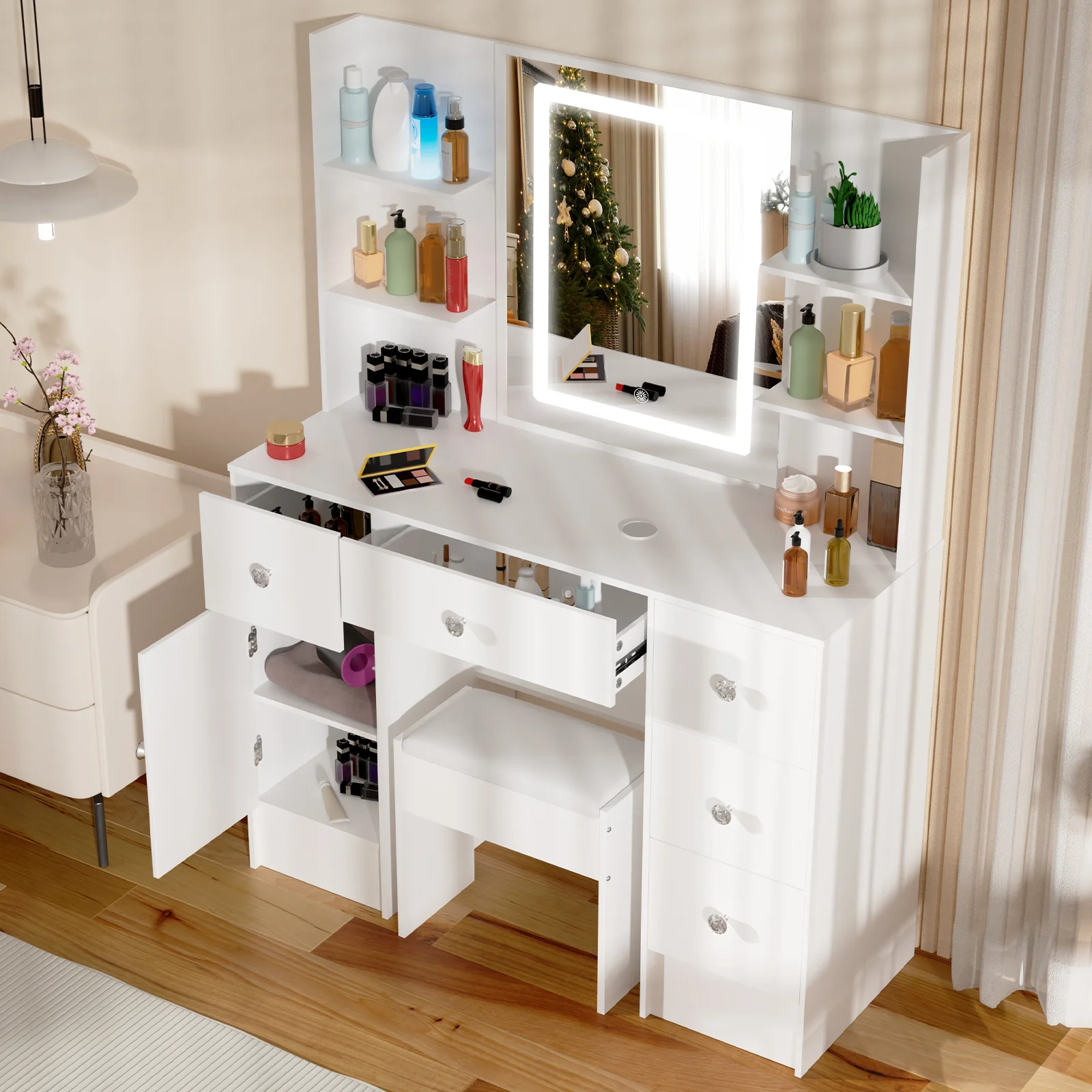 Vanity Desk Set with Smart LED Mirror & 6 Drawers - Dressing Table + Stool, Sturdy Wood Frame for Bedroom, Modern Functional Dre