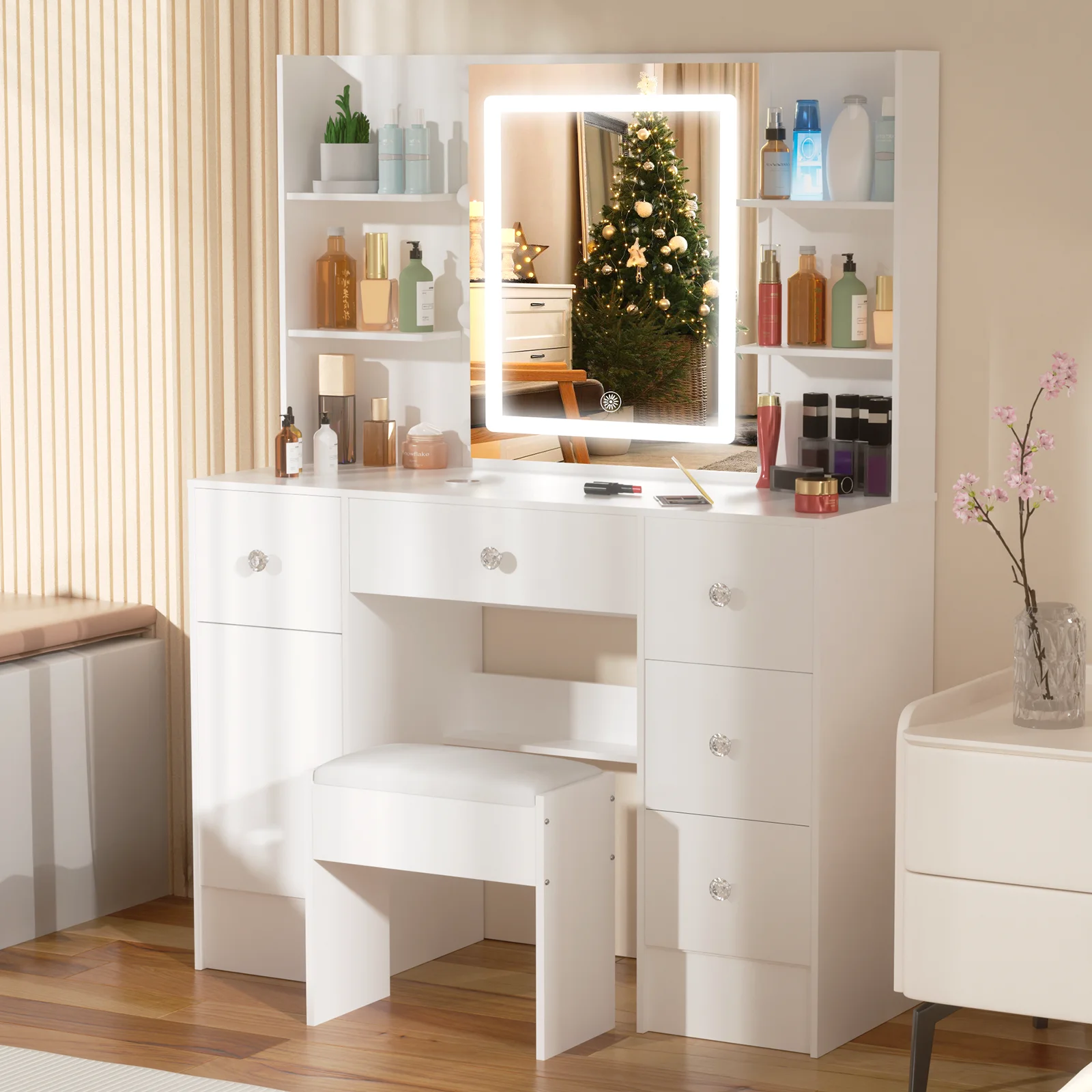 Vanity Desk Set with Smart LED Mirror & 6 Drawers - Dressing Table + Stool, Sturdy Wood Frame for Bedroom, Modern Functional Dre