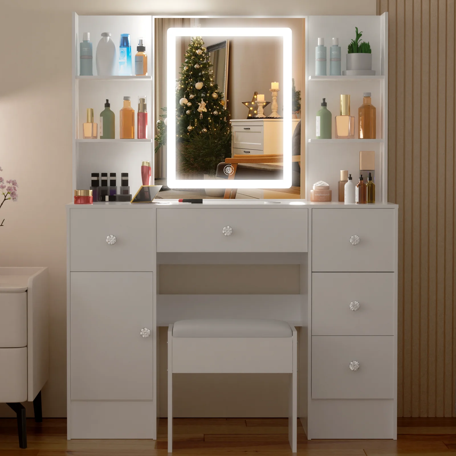 Vanity Desk Set with Smart LED Mirror & 6 Drawers - Dressing Table + Stool, Sturdy Wood Frame for Bedroom, Modern Functional Dre