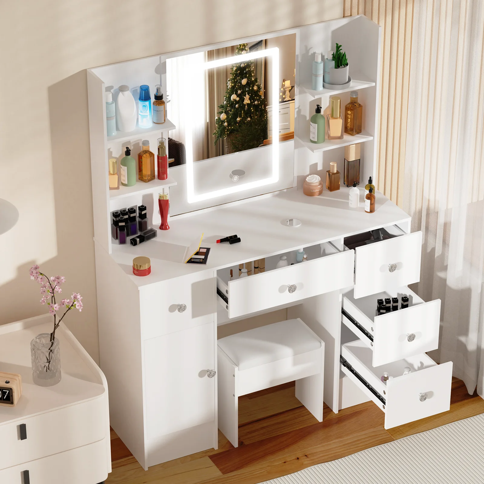 Vanity Desk Set with Smart LED Mirror & 6 Drawers - Dressing Table + Stool, Sturdy Wood Frame for Bedroom, Modern Functional Dre