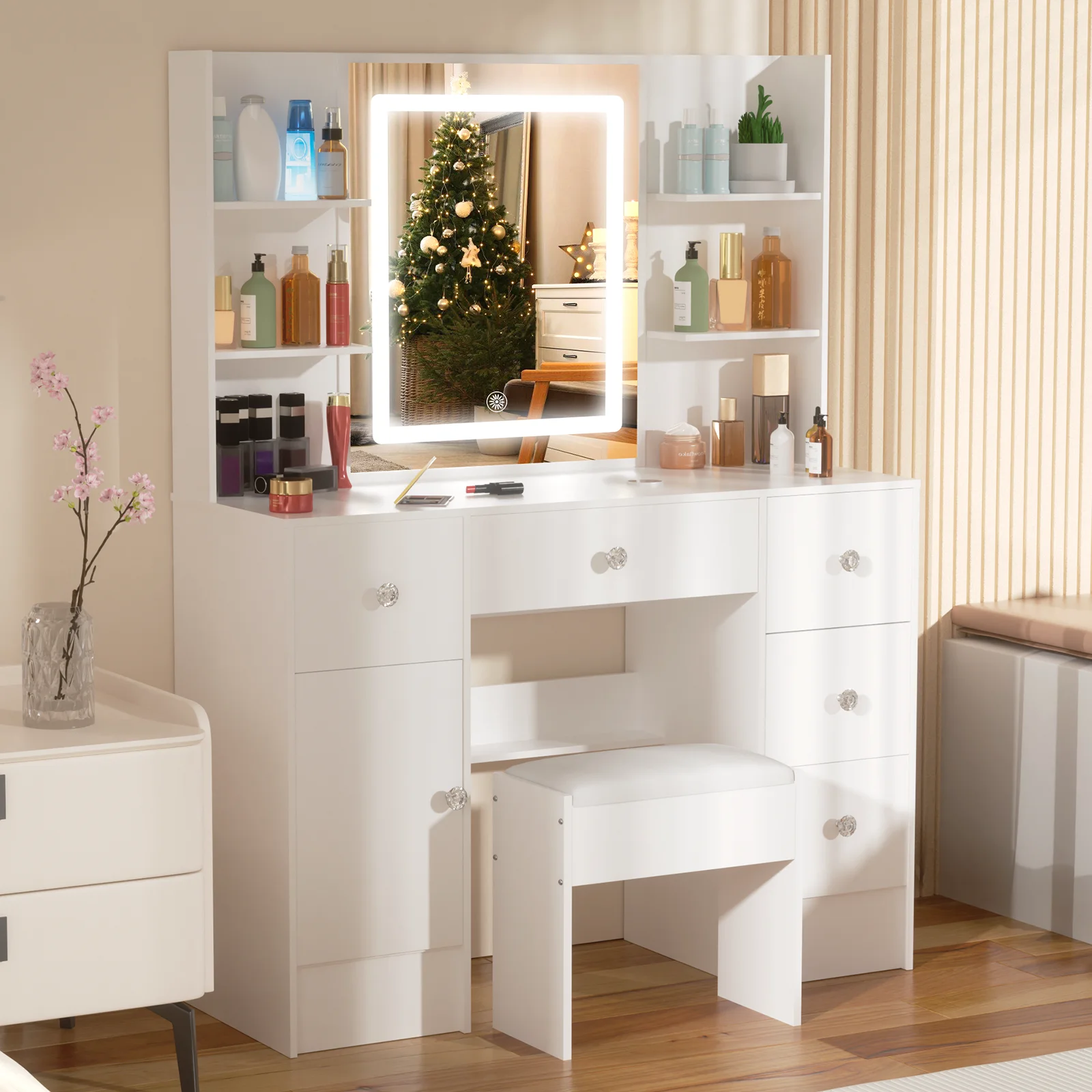 Vanity Desk Set with Smart LED Mirror & 6 Drawers - Dressing Table + Stool, Sturdy Wood Frame for Bedroom, Modern Functional Dre