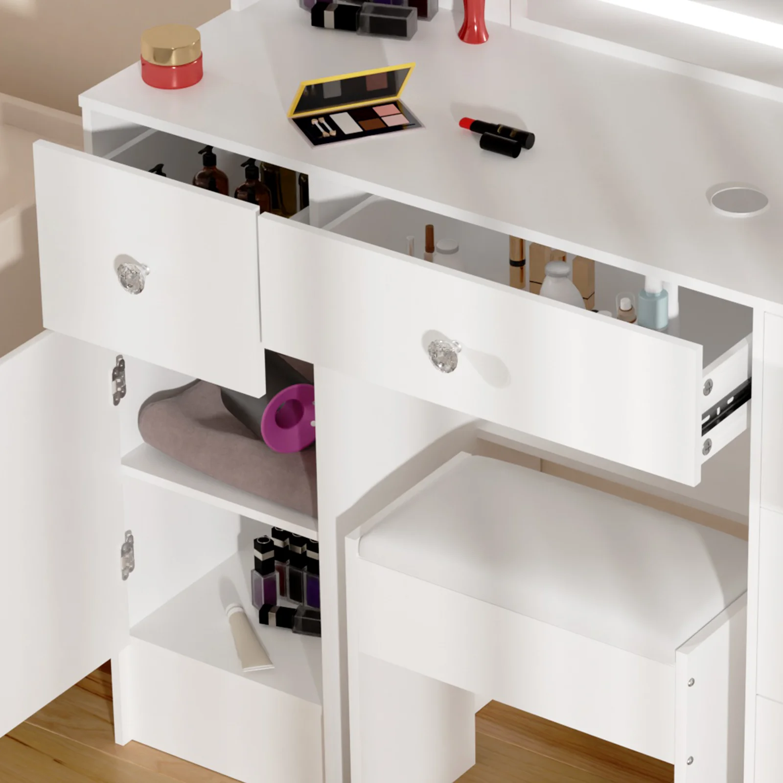 Vanity Desk Set with Smart LED Mirror & 6 Drawers - Dressing Table + Stool, Sturdy Wood Frame for Bedroom, Modern Functional Dre