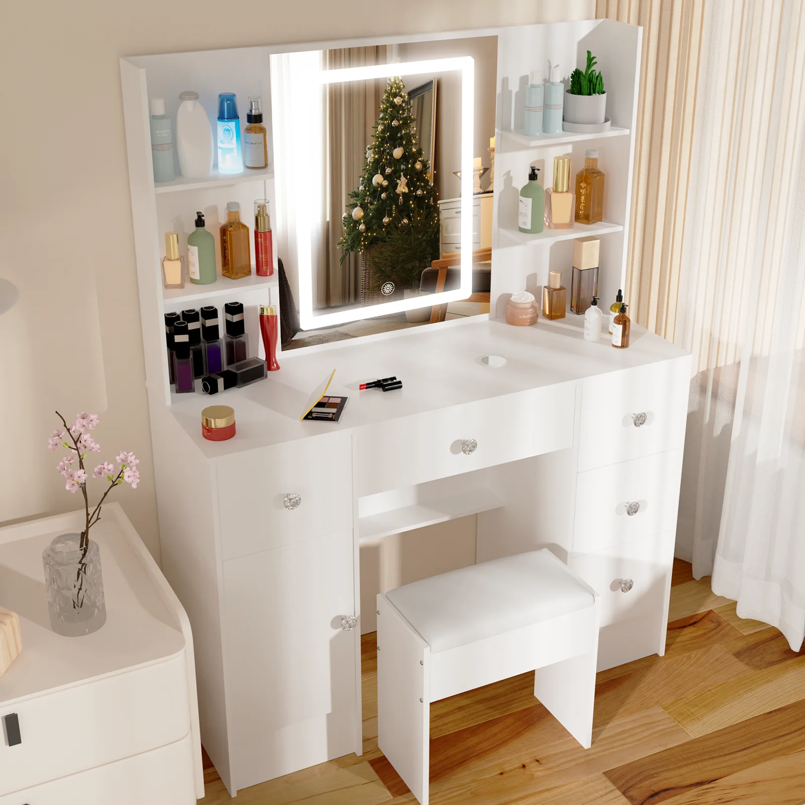Vanity Desk Set with Smart LED Mirror & 6 Drawers - Dressing Table + Stool, Sturdy Wood Frame for Bedroom, Modern Functional Dre