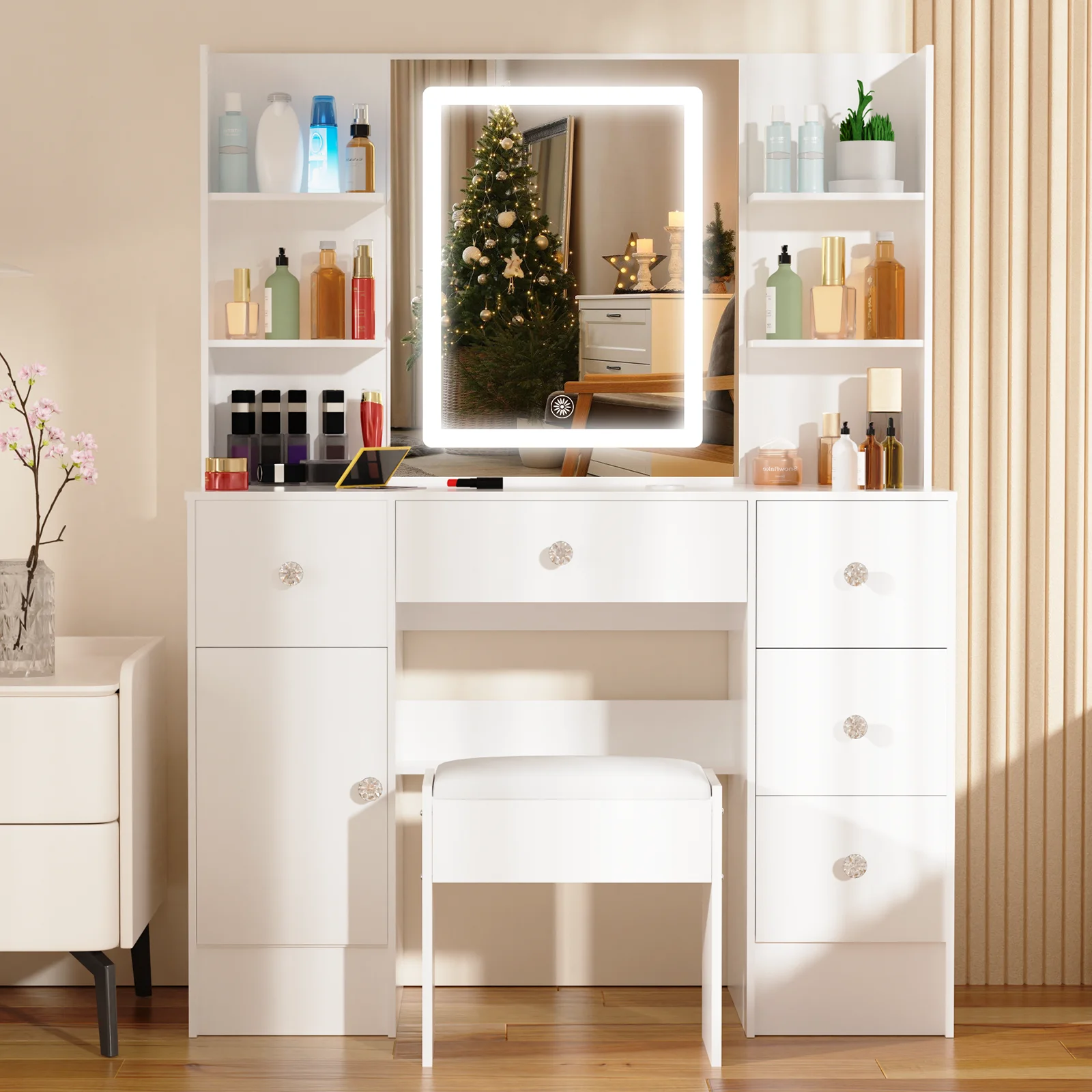 Vanity Desk Set with Smart LED Mirror & 6 Drawers - Dressing Table + Stool, Sturdy Wood Frame for Bedroom, Modern Functional Dre