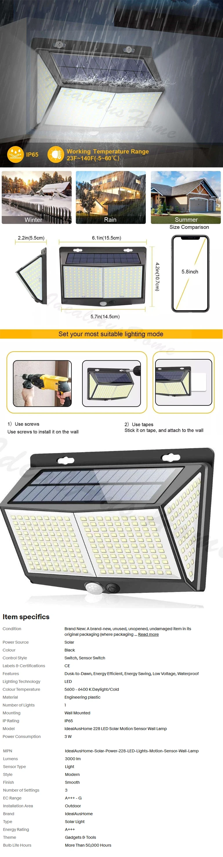 Solar motion-sensing garden lights. Features waterproof design (IP65) & extended battery life for all-night illumination