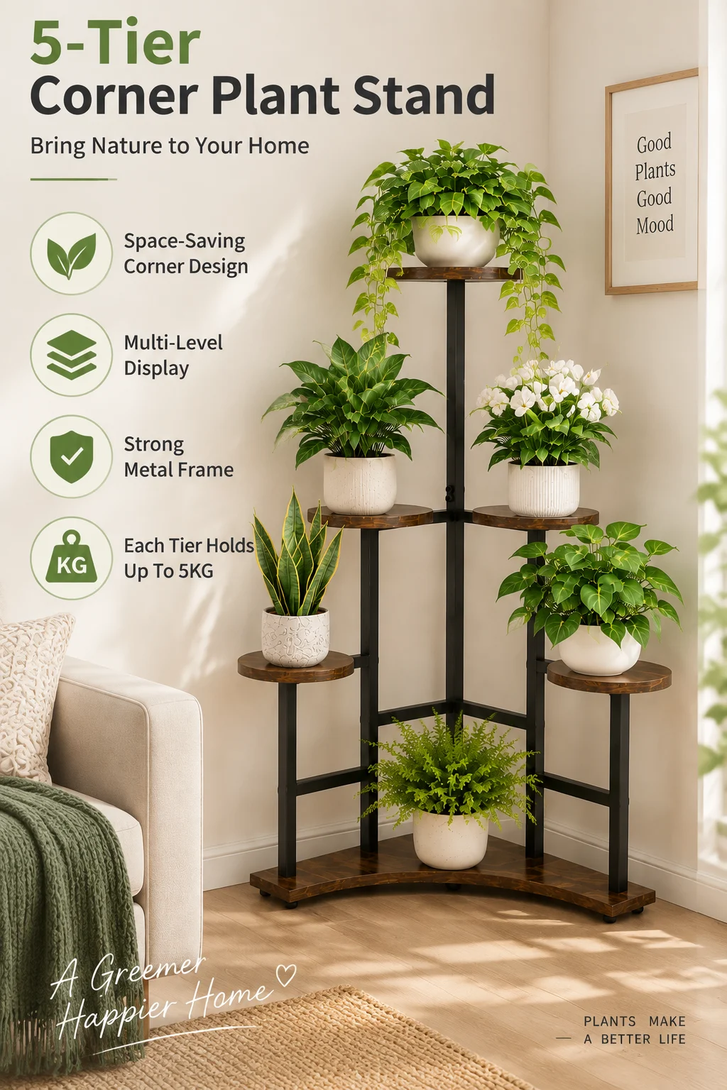5 Tiers Wooden Plant Stand Holder Tall Corner Flower Display Rack Organizer Shelves