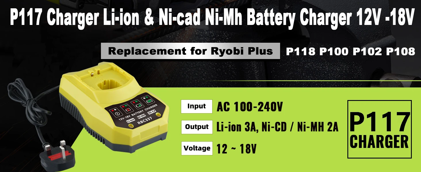 VANON P117B 12V-18V MAX Battery Charger Replace for Ryobi P102 P105 P106 P108 P189 P190 P191 P197 PBP002 PBP005 Tool Battery pin