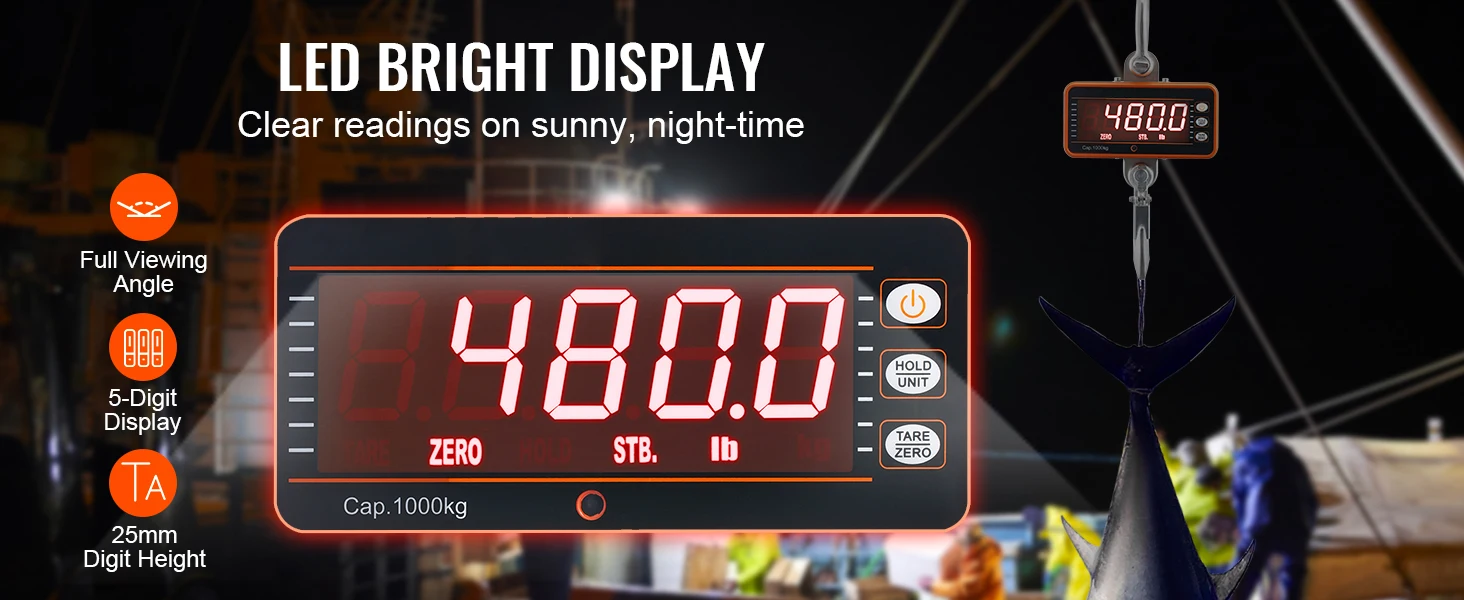 SucceBuy 1000 kg Digital Crane Scale Industrial Hanging Scale with Remote Control Cast Aluminum & LED Screen for Construction