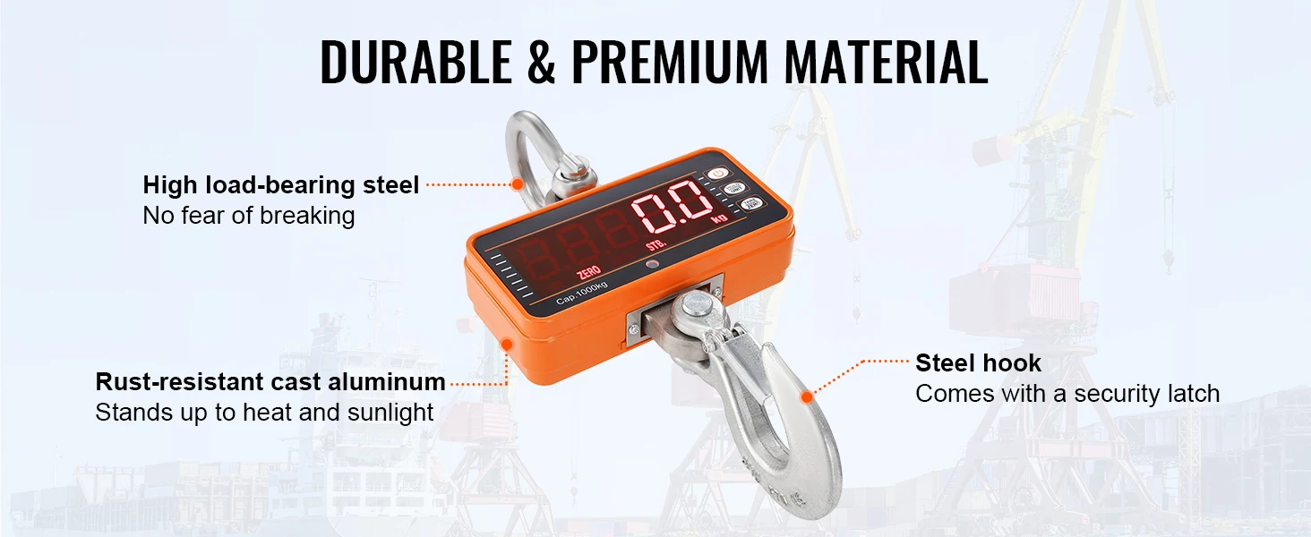 SucceBuy 1000 kg Digital Crane Scale Industrial Hanging Scale with Remote Control Cast Aluminum & LED Screen for Construction