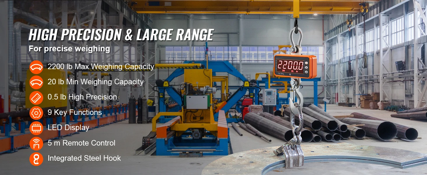 SucceBuy 1000 kg Digital Crane Scale Industrial Hanging Scale with Remote Control Cast Aluminum & LED Screen for Construction