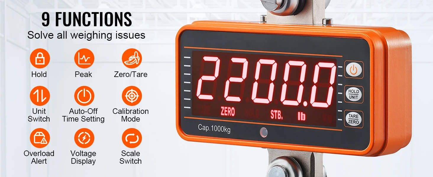 SucceBuy 1000 kg Digital Crane Scale Industrial Hanging Scale with Remote Control Cast Aluminum & LED Screen for Construction