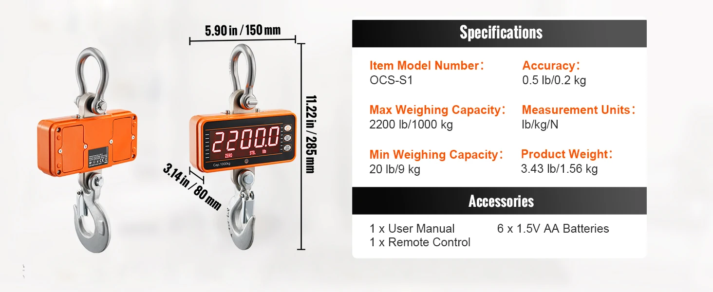 SucceBuy 1000 kg Digital Crane Scale Industrial Hanging Scale with Remote Control Cast Aluminum & LED Screen for Construction