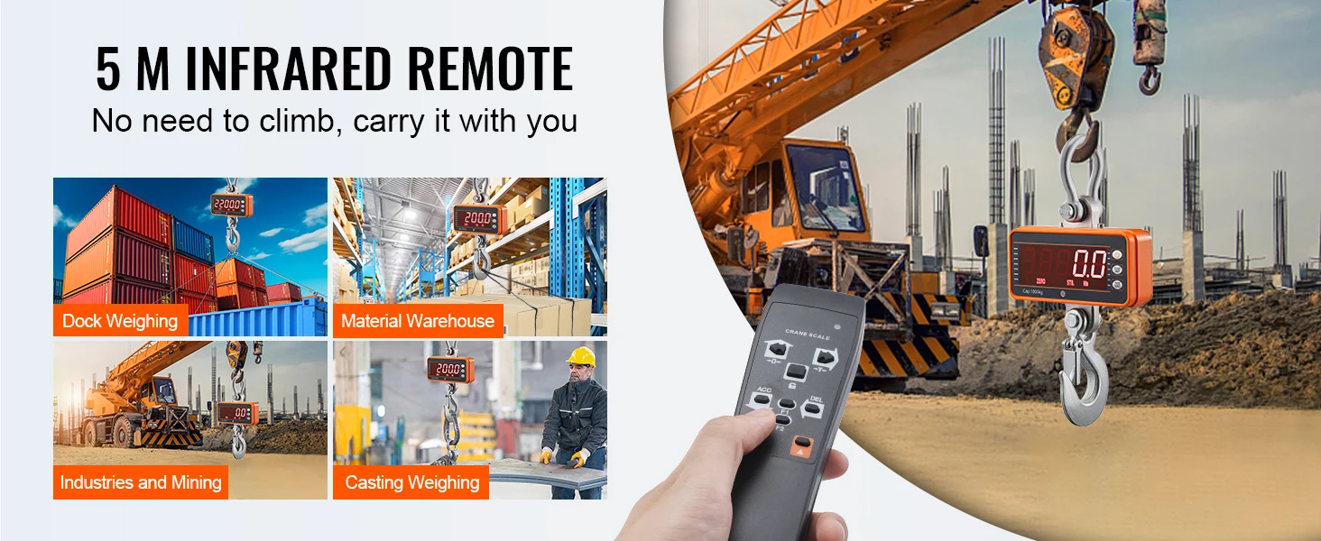 SucceBuy 1000 kg Digital Crane Scale Industrial Hanging Scale with Remote Control Cast Aluminum & LED Screen for Construction