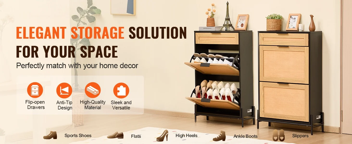 SucceBuy Shoe Storage Organizer w/ 2 Flip Rattan Drawers&1 Slide Drawer Metal Legs Slim Shoe Cabinet for Entryway Closet Hallway