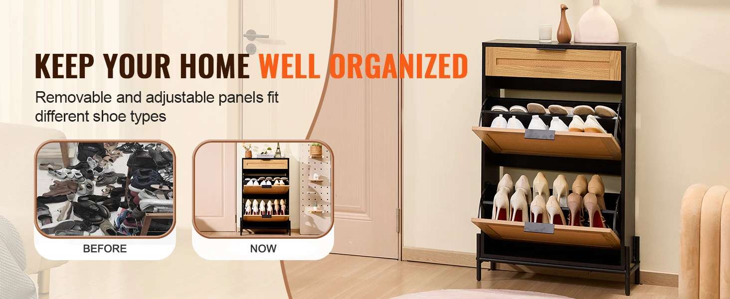 SucceBuy Shoe Storage Organizer w/ 2 Flip Rattan Drawers&1 Slide Drawer Metal Legs Slim Shoe Cabinet for Entryway Closet Hallway