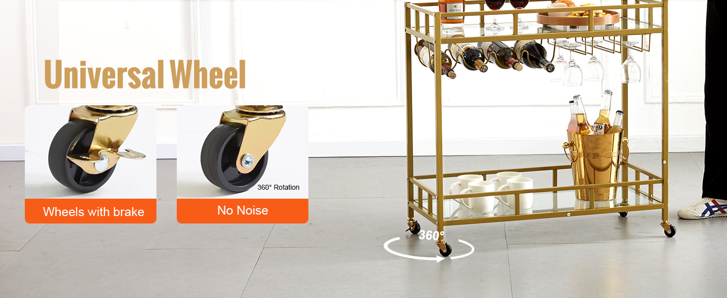 SucceBuy Bar Cart Gold Home Bar Serving Cart on Lockable Wheels with Tempered Glass Shelves for Home Kitchen Dining Living Room