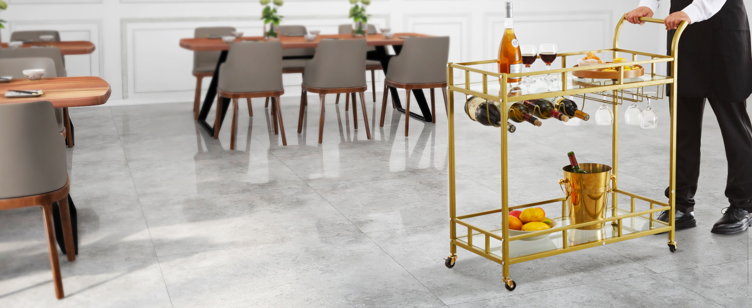 SucceBuy Bar Cart Gold Home Bar Serving Cart on Lockable Wheels with Tempered Glass Shelves for Home Kitchen Dining Living Room