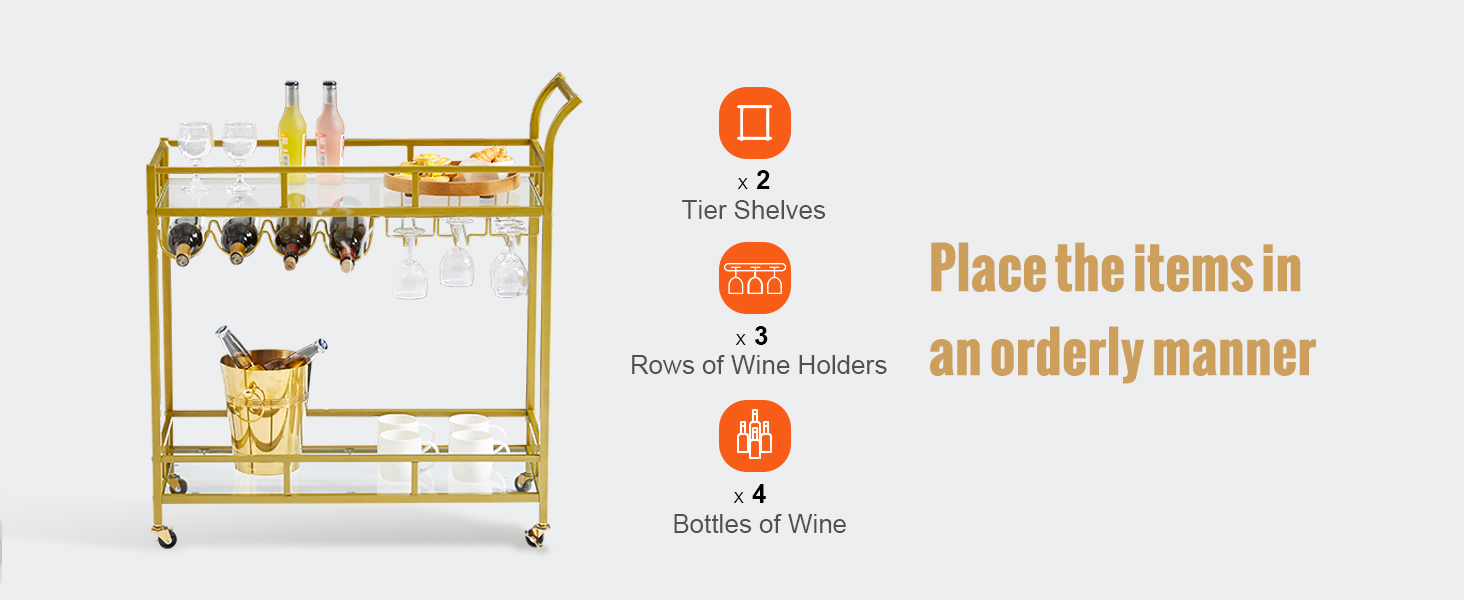 SucceBuy Bar Cart Gold Home Bar Serving Cart on Lockable Wheels with Tempered Glass Shelves for Home Kitchen Dining Living Room