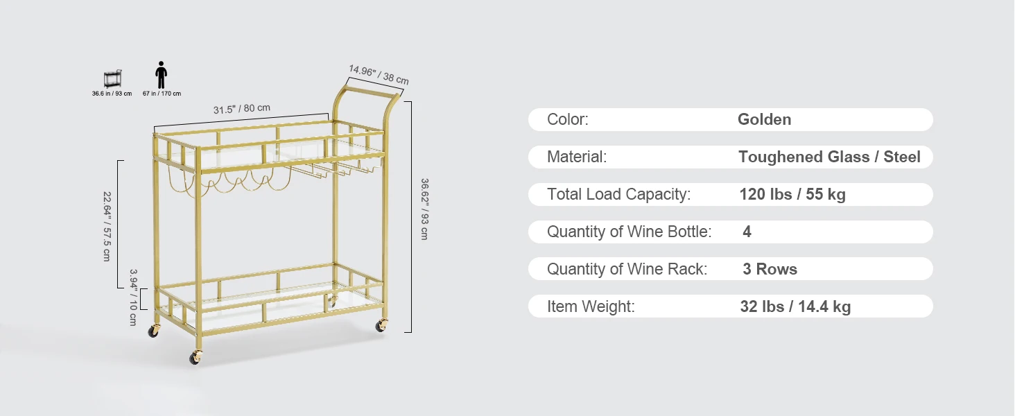 SucceBuy Bar Cart Gold Home Bar Serving Cart on Lockable Wheels with Tempered Glass Shelves for Home Kitchen Dining Living Room