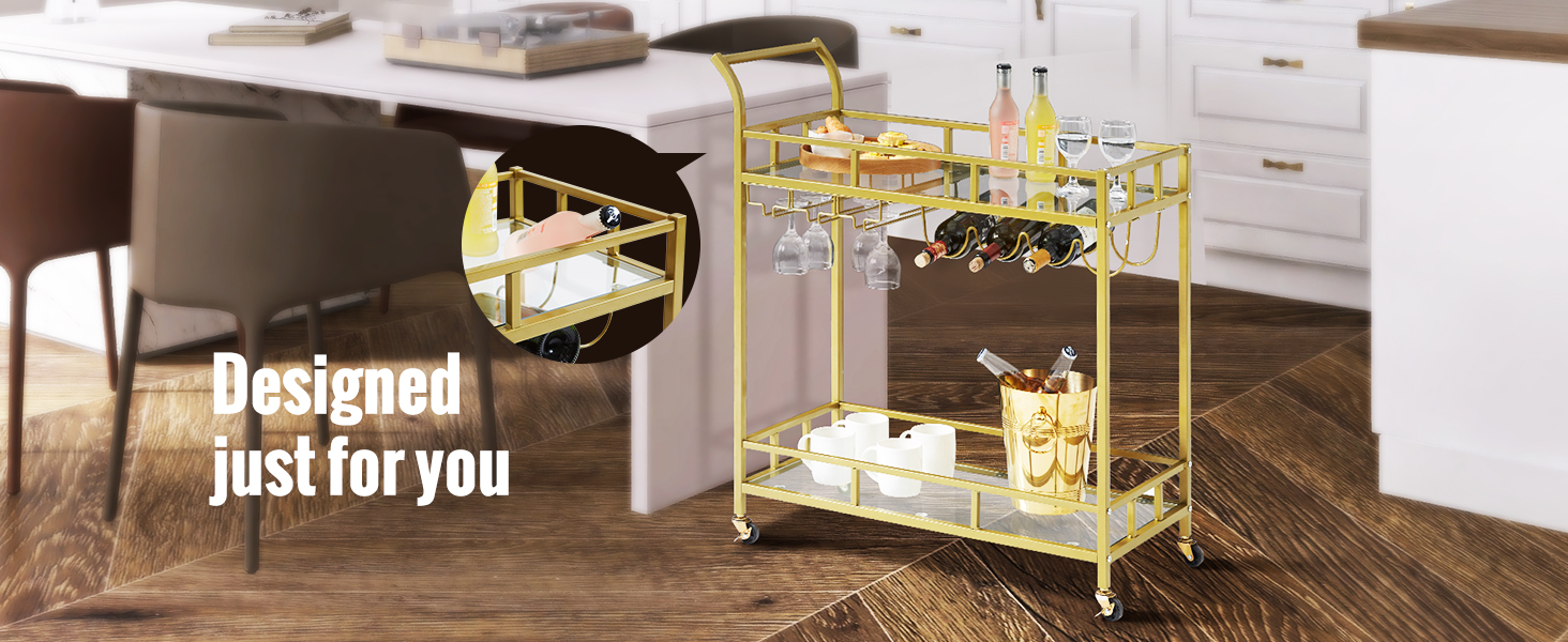 SucceBuy Bar Cart Gold Home Bar Serving Cart on Lockable Wheels with Tempered Glass Shelves for Home Kitchen Dining Living Room