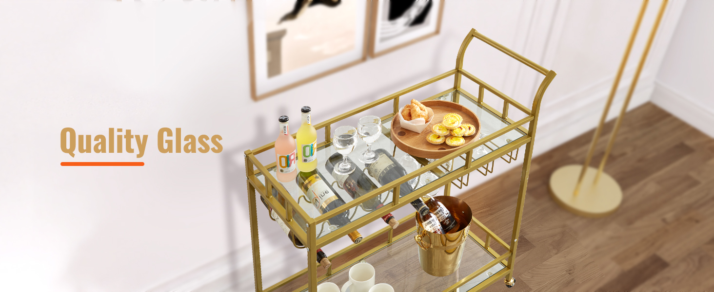 SucceBuy Bar Cart Gold Home Bar Serving Cart on Lockable Wheels with Tempered Glass Shelves for Home Kitchen Dining Living Room