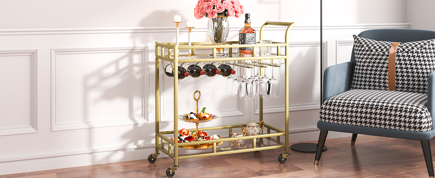 SucceBuy Bar Cart Gold Home Bar Serving Cart on Lockable Wheels with Tempered Glass Shelves for Home Kitchen Dining Living Room